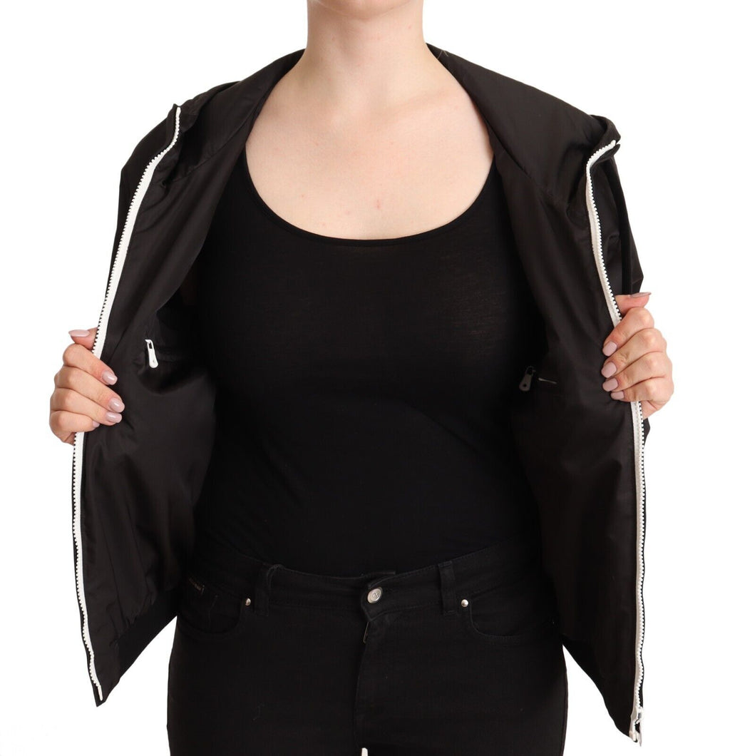 Schwarze Bomberjacke aus Polyester mit Kapuze und durchgehendem Reißverschluss