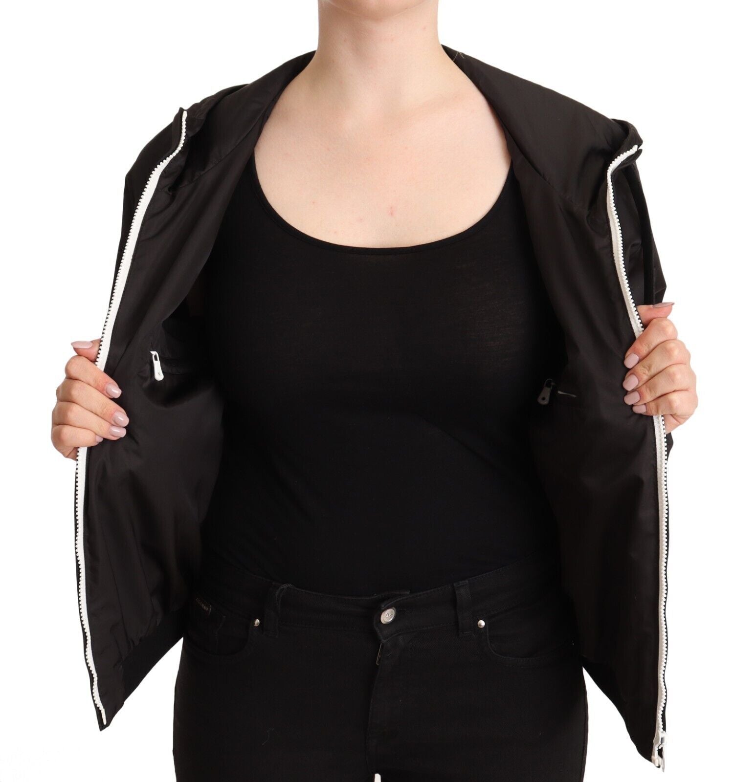 Schwarze Bomberjacke aus Polyester mit Kapuze und durchgehendem Reißverschluss
