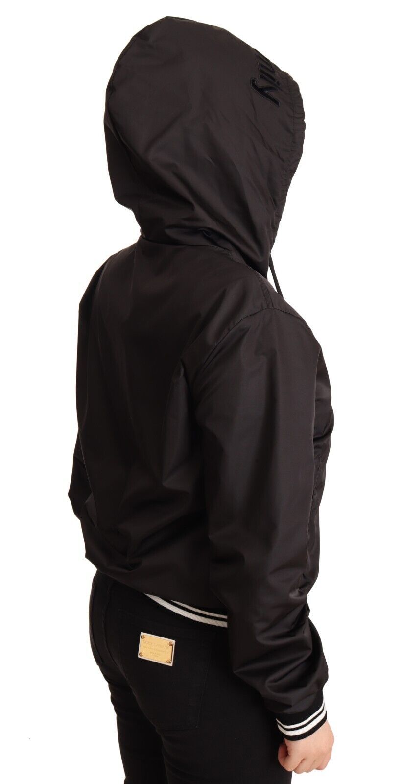 Schwarze Bomberjacke aus Polyester mit Kapuze und durchgehendem Reißverschluss