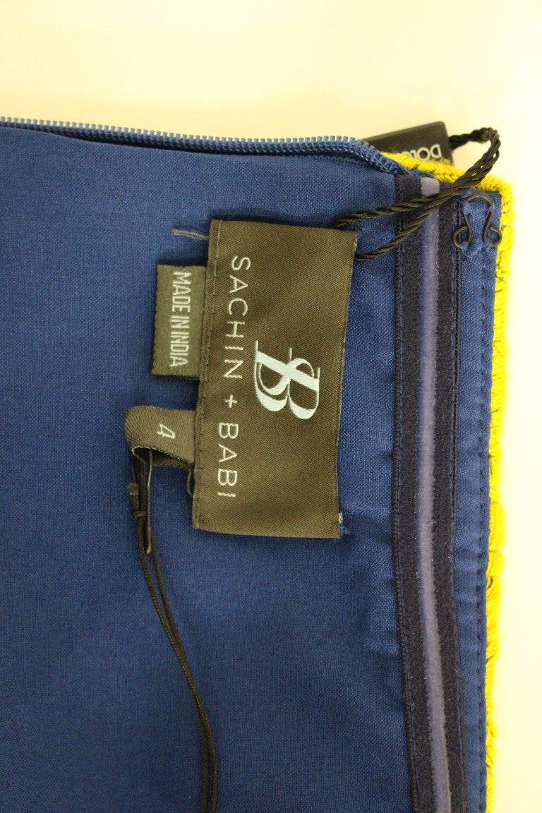 Blau-gelbes trägerloses Bubble-Mini-Etuikleid