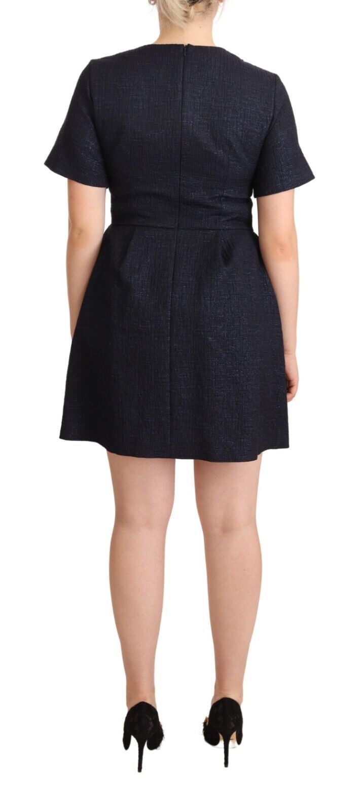 Schwarzes, verziertes Mini-A-Linien-Kleid mit kurzen Ärmeln