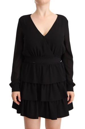 Schwarzes Polyester-Minikleid in A-Linie mit langen Ärmeln und V-Ausschnitt