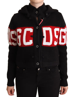 Schwarze Strickjacke aus Kaschmir mit Kapuze und Button-Down-Logo