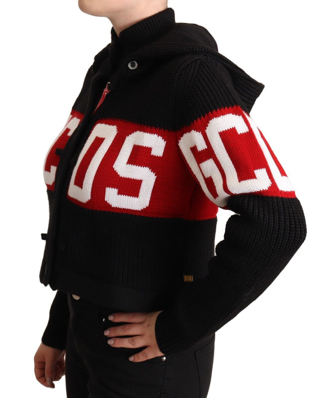 Schwarze Strickjacke aus Kaschmir mit Kapuze und Button-Down-Logo