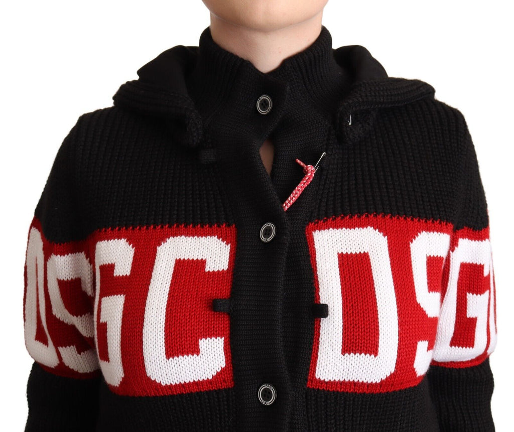 Schwarze Strickjacke aus Kaschmir mit Kapuze und Button-Down-Logo