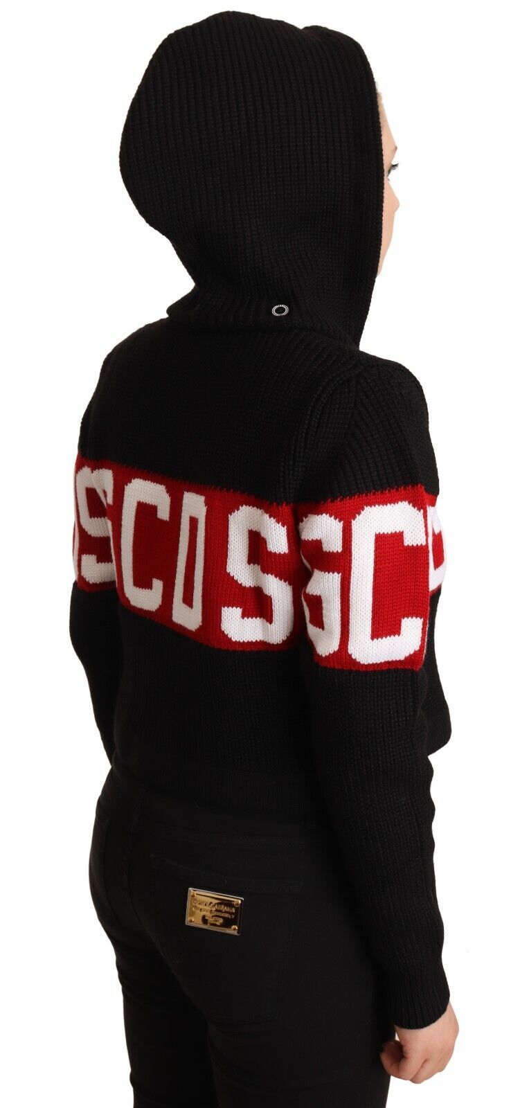 Schwarze Strickjacke aus Kaschmir mit Kapuze und Button-Down-Logo