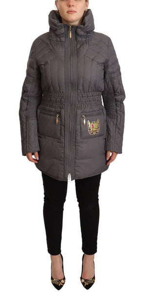 Graue, gesteppte Jacke mit langen Ärmeln und durchgehendem Reißverschluss und Logo-Patch