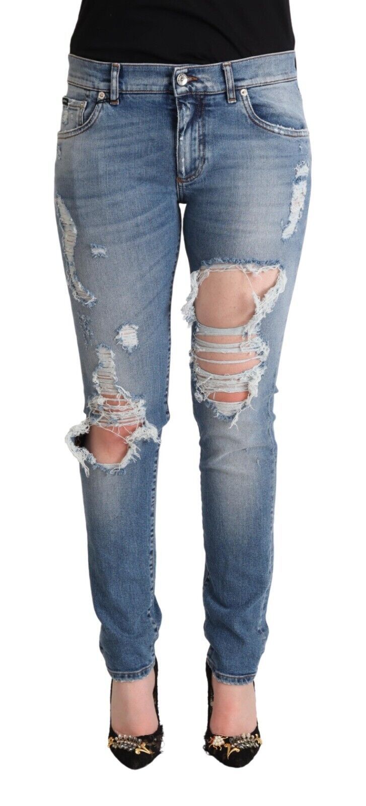 Blaue Skinny Jeans aus Baumwolldenim im Used-Look