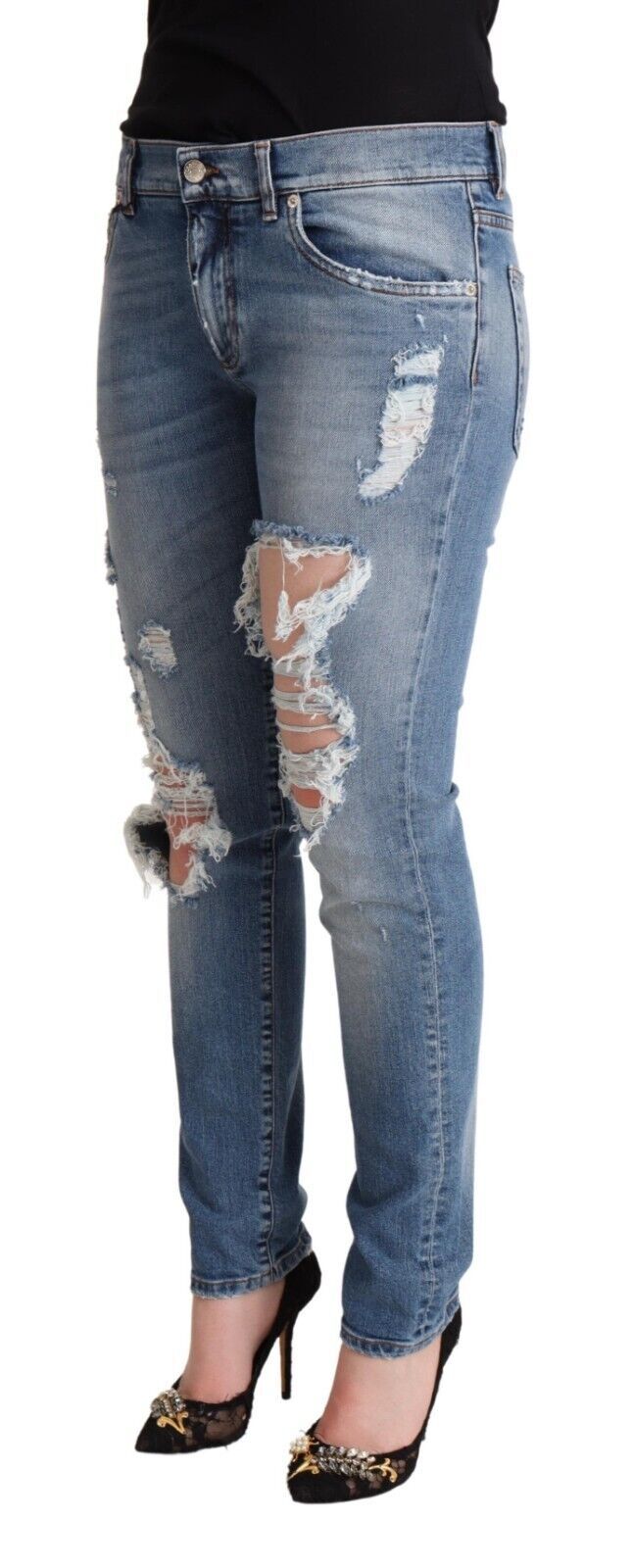 Blaue Skinny Jeans aus Baumwolldenim im Used-Look