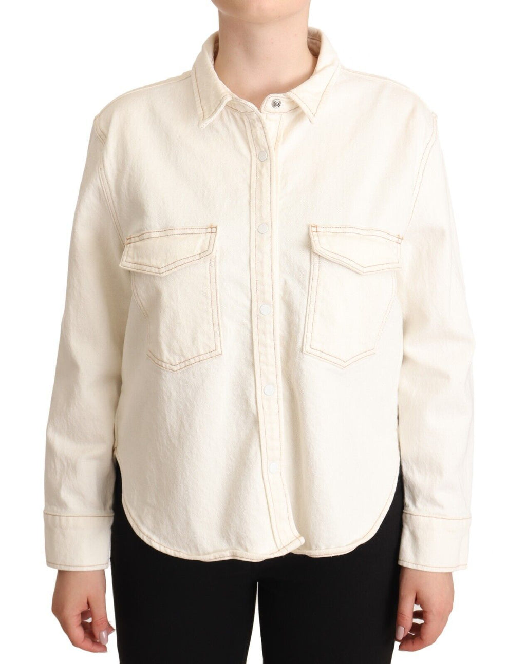 Weißes Poloshirt aus Baumwolle mit Kragen und langen Ärmeln und Knopfleiste