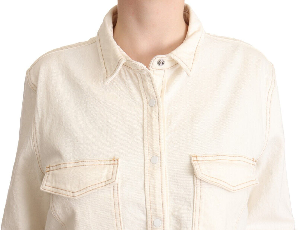 Weißes Poloshirt aus Baumwolle mit Kragen und langen Ärmeln und Knopfleiste