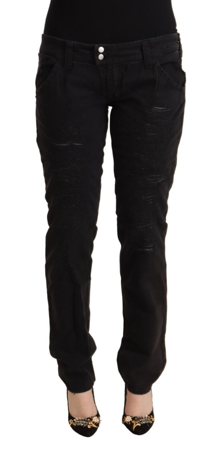 Schwarze, tief sitzende Slim Fit-Jeans aus Baumwolle im Used-Look