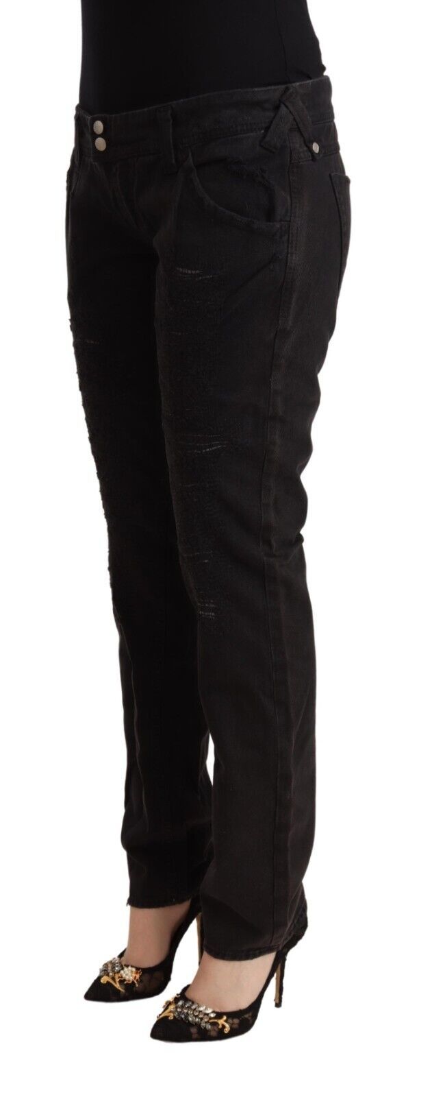 Schwarze, tief sitzende Slim Fit-Jeans aus Baumwolle im Used-Look
