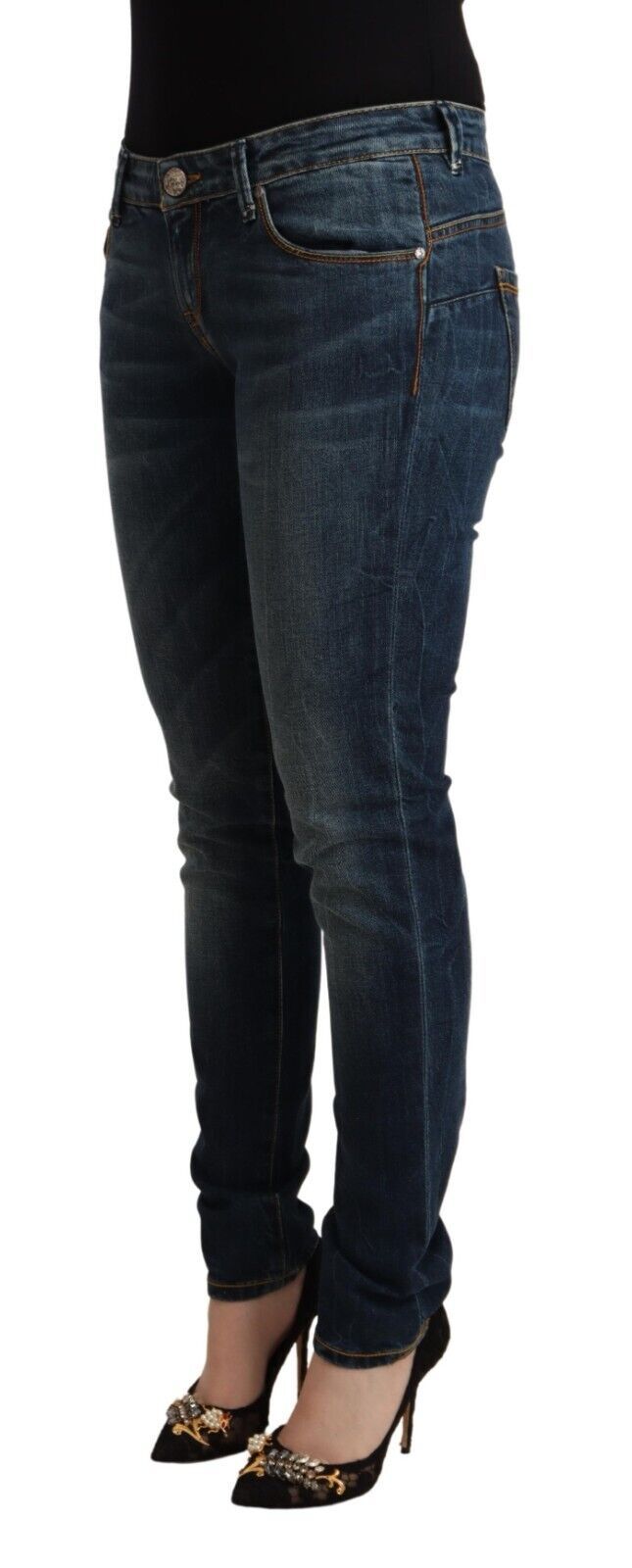 Blaue Slim Fit Jeans aus gewaschener Baumwolle mit niedriger Taille