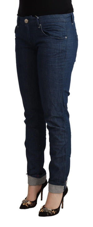 Blaue Skinny-Jeans aus Baumwolle mit niedriger Taille und umgeschlagenem Saum
