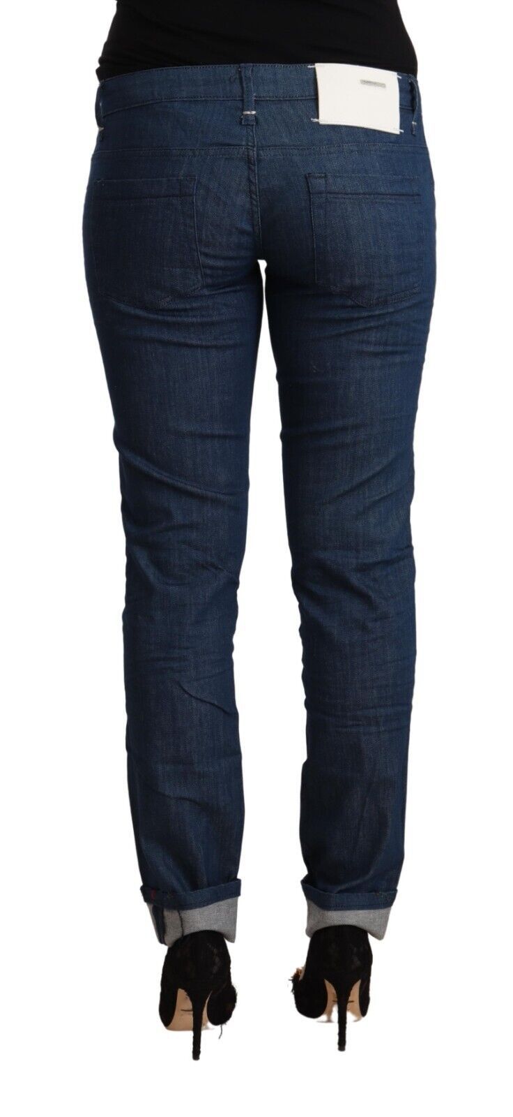Blaue Skinny-Jeans aus Baumwolle mit niedriger Taille und umgeschlagenem Saum