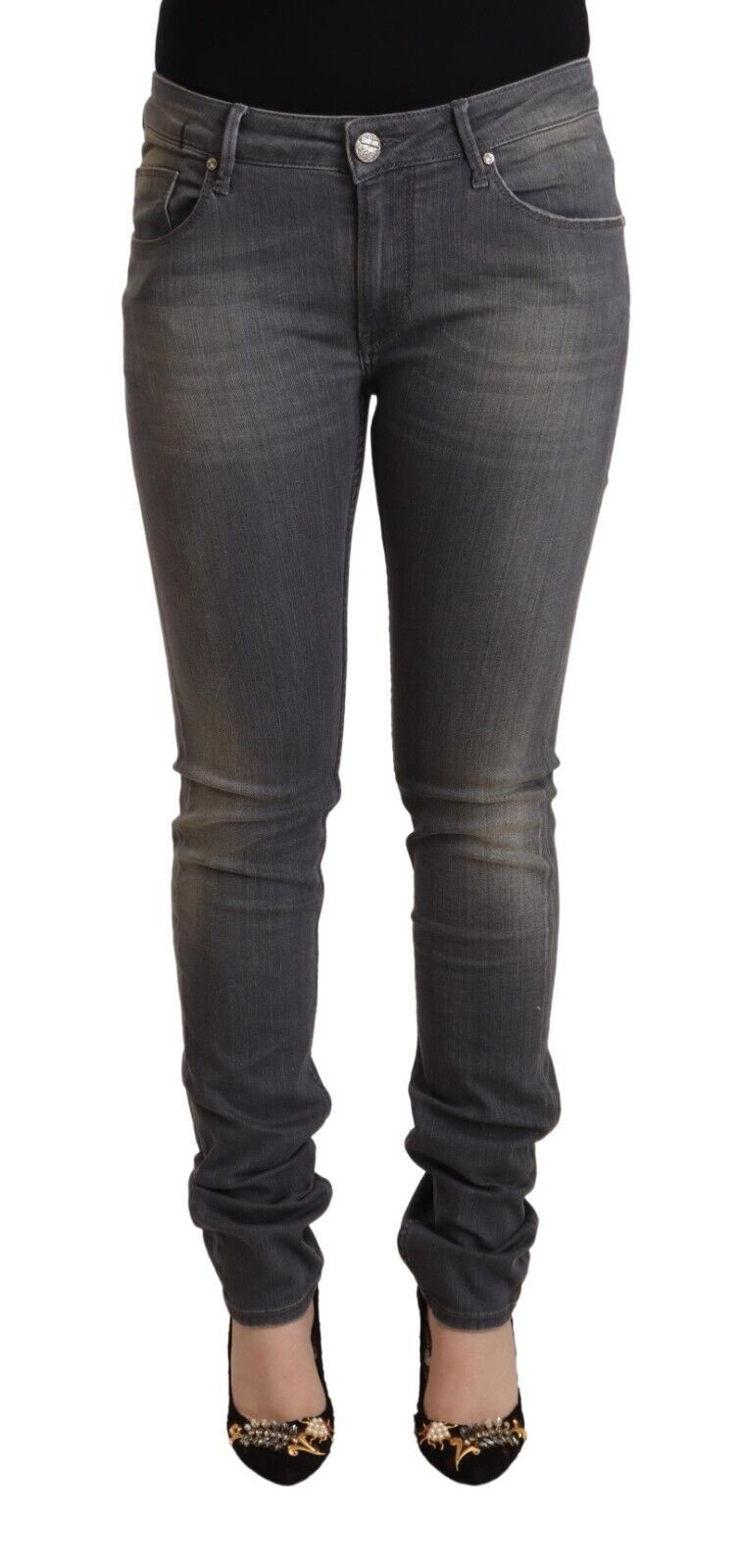 Dunkelgraue Skinny Jeans aus gewaschenem Baumwolldenim