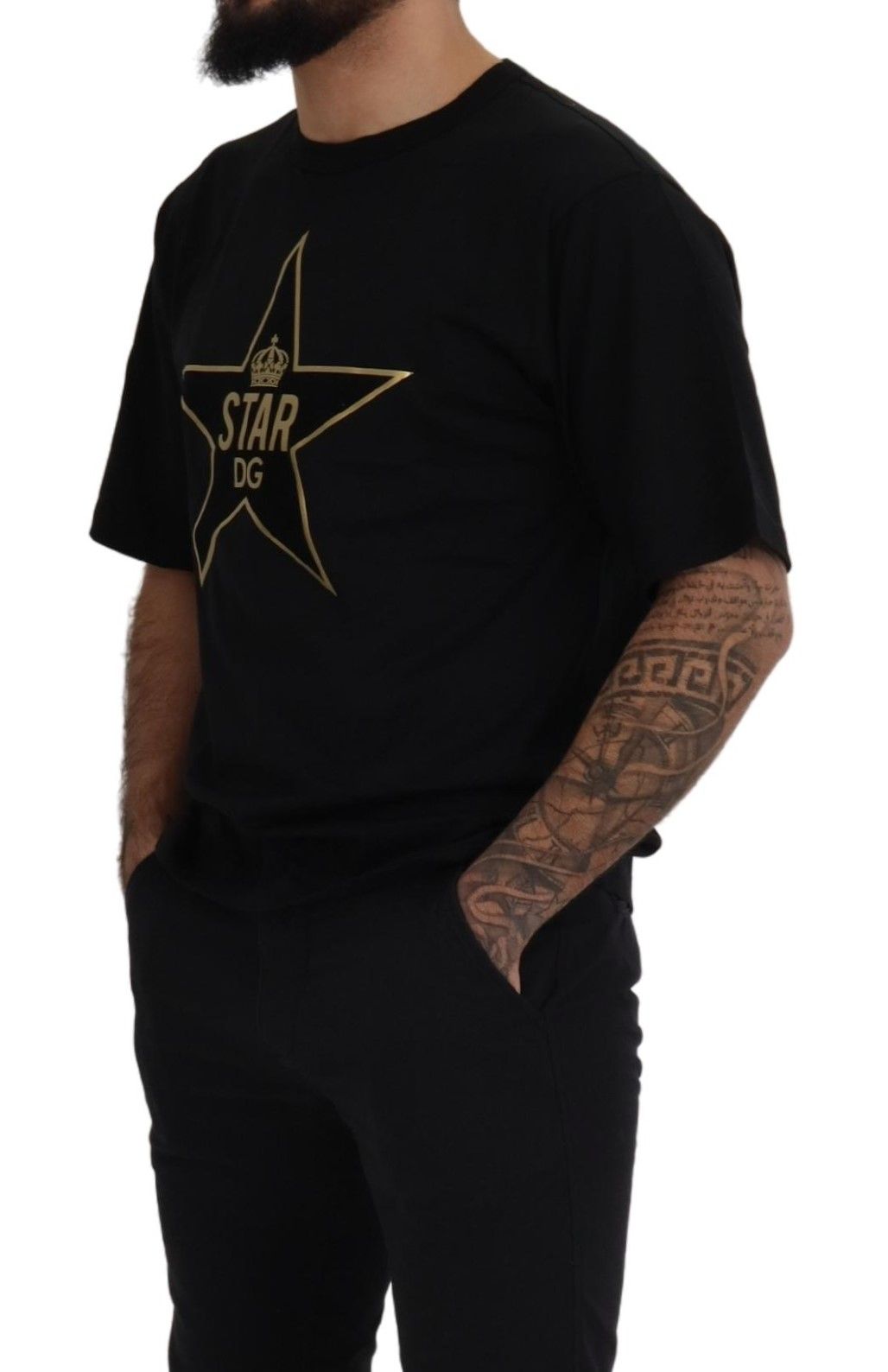 Schwarzes T-Shirt mit Rundhalsausschnitt aus Baumwolle mit Stern und Krone DG