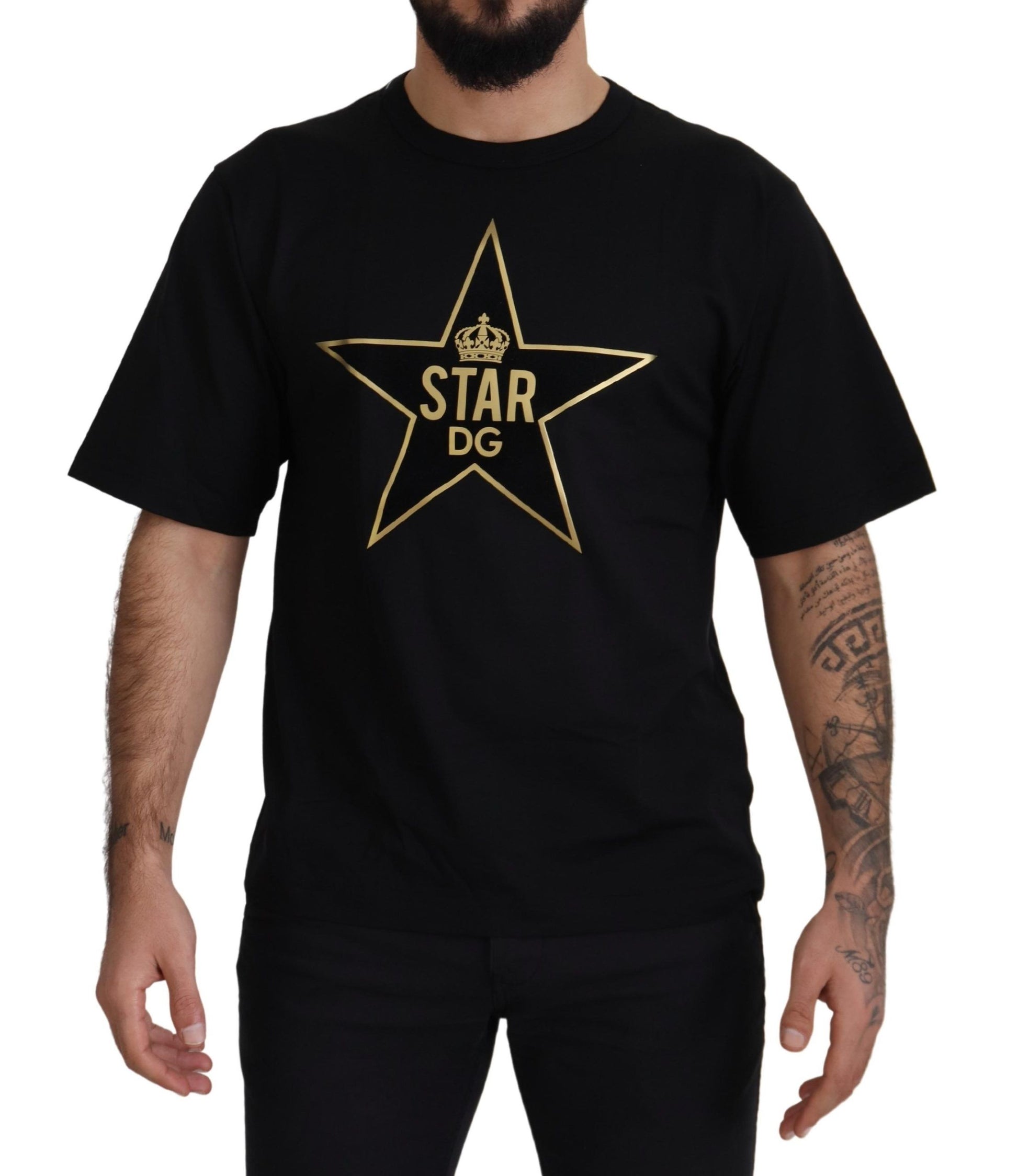 Schwarzes T-Shirt mit Rundhalsausschnitt aus Baumwolle mit Stern und Krone DG