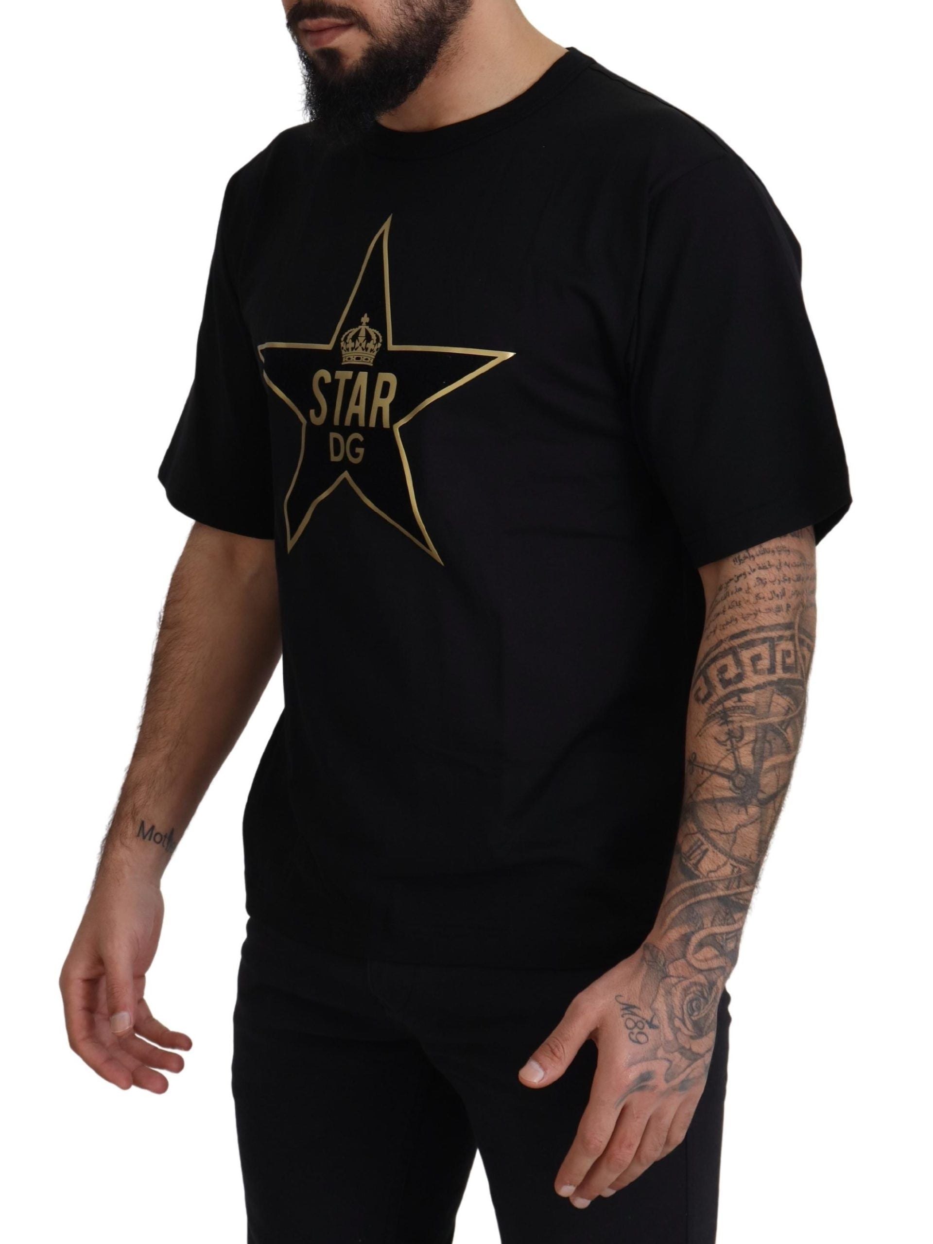 Schwarzes T-Shirt mit Rundhalsausschnitt aus Baumwolle mit Stern und Krone DG