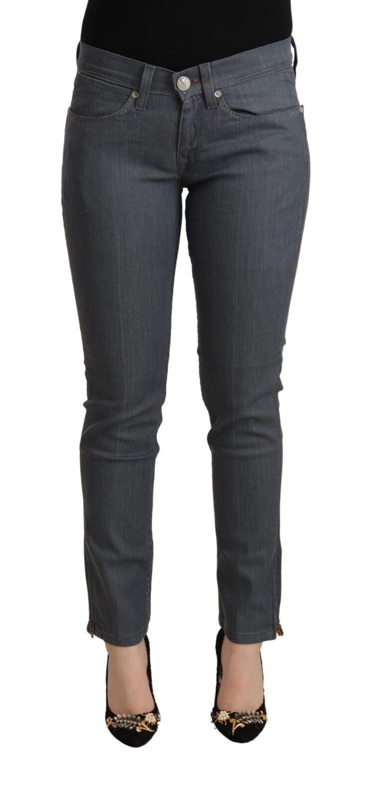 Graue Skinny-Jeans aus Baumwolle mit niedriger Taille