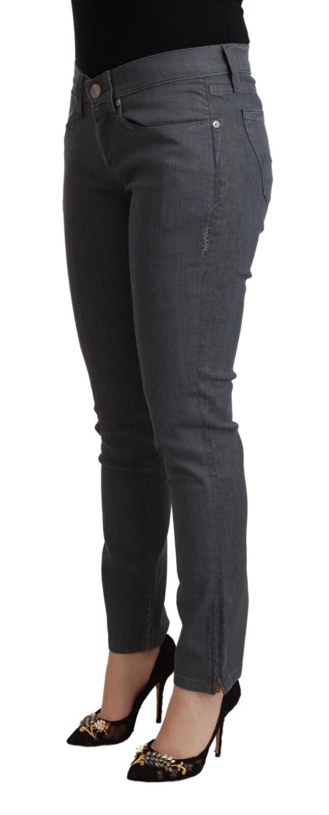 Graue Skinny-Jeans aus Baumwolle mit niedriger Taille
