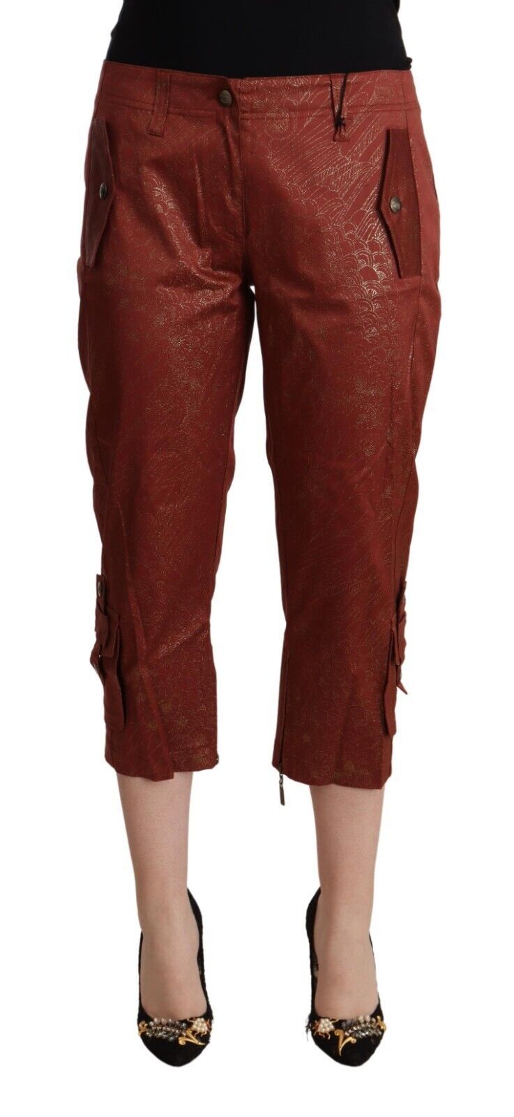 Braune Caprihose aus Baumwolle mit mittlerer Taille und Lurex