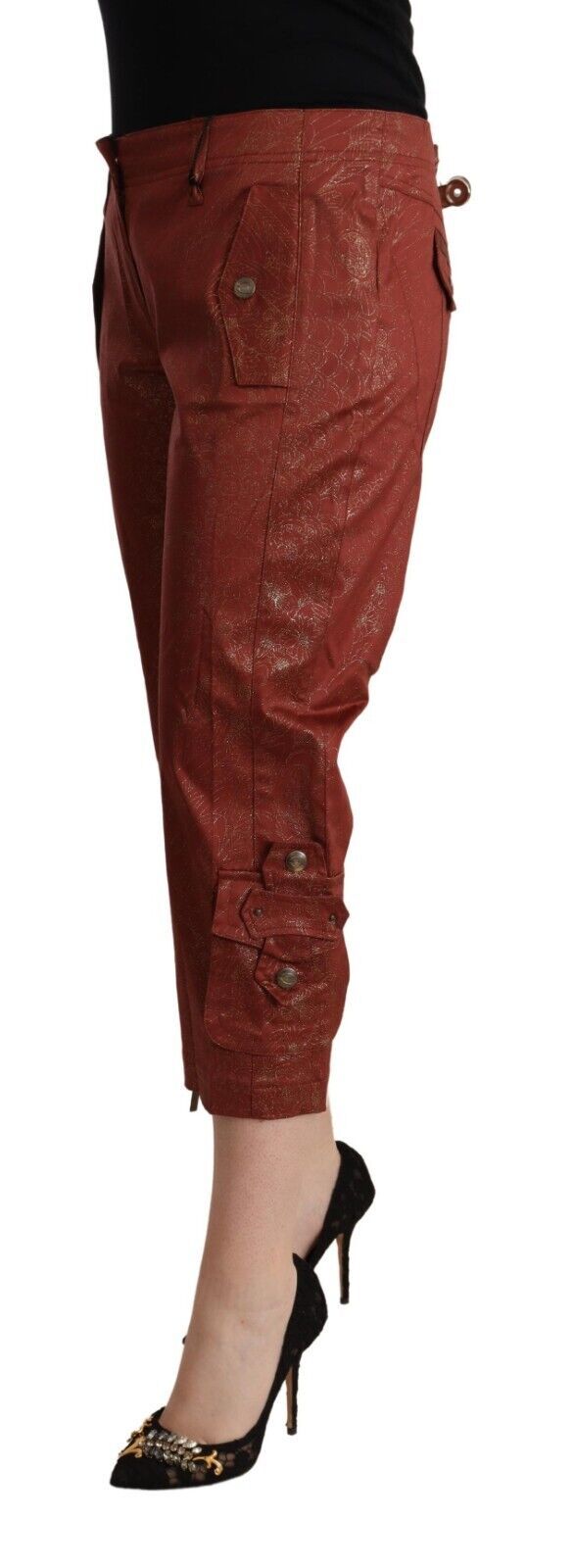 Braune Caprihose aus Baumwolle mit mittlerer Taille und Lurex