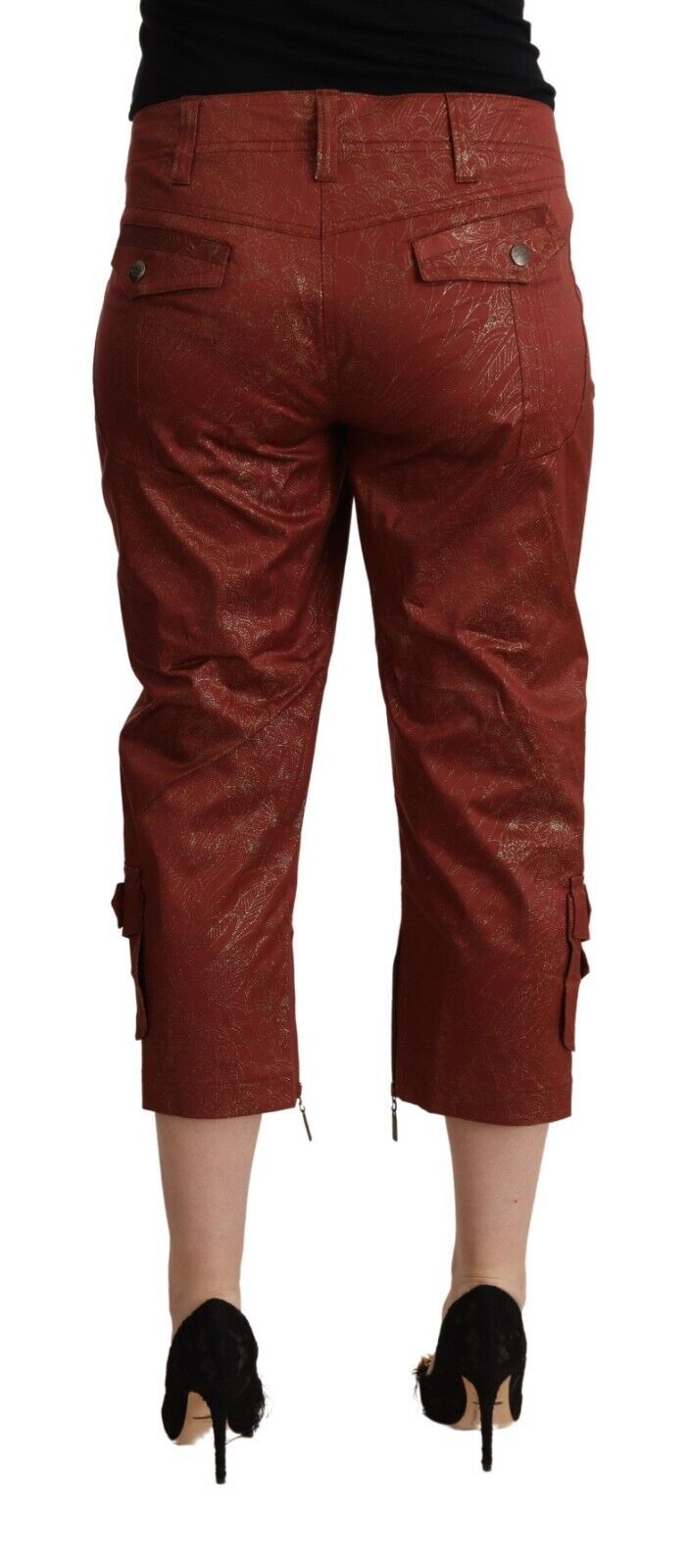 Braune Caprihose aus Baumwolle mit mittlerer Taille und Lurex