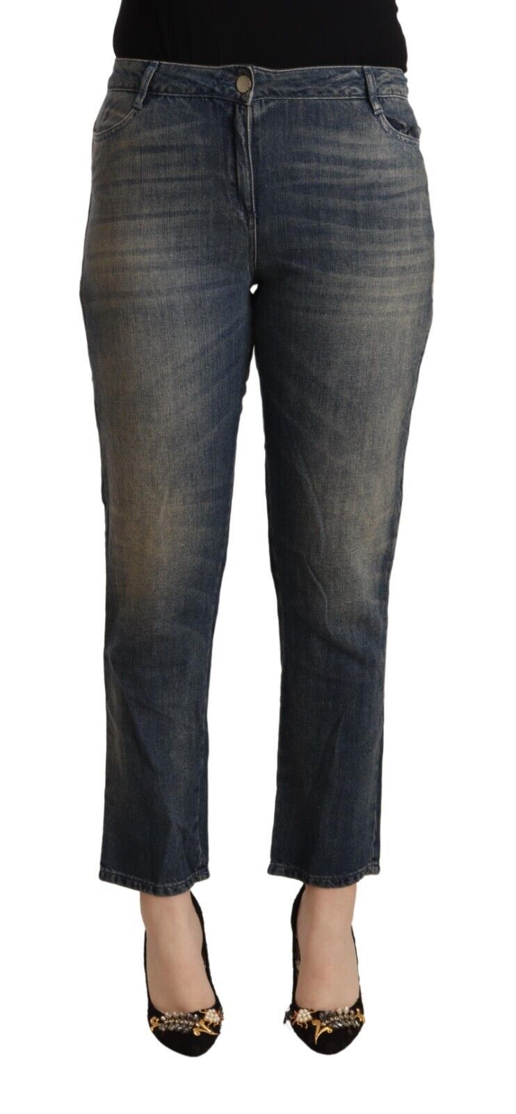 Blaue Capri-Jeans aus gewaschener Baumwolle für Damen