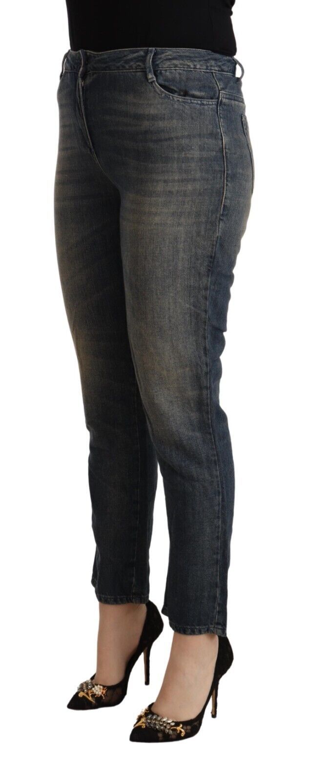 Blaue Capri-Jeans aus gewaschener Baumwolle für Damen