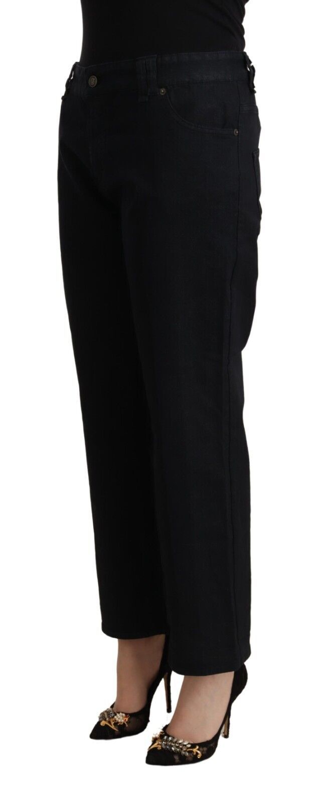 Schwarze, ausgestellte, verkürzte Jeans aus Baumwolle mit hoher Taille
