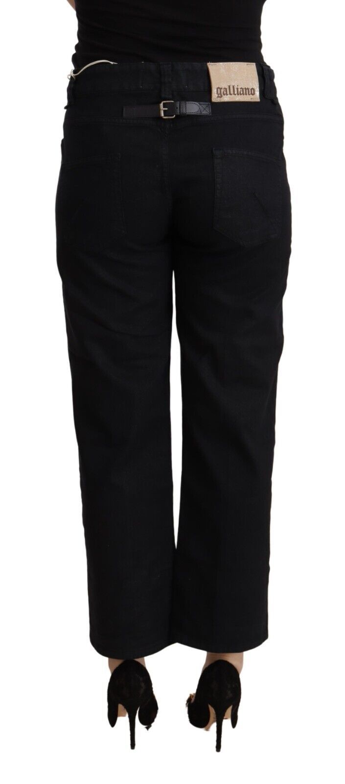 Schwarze, ausgestellte, verkürzte Jeans aus Baumwolle mit hoher Taille
