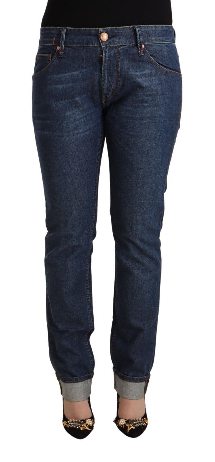 Dunkelblaue Slim Fit-Jeans aus Baumwolldenim mit umgeschlagenem Saum