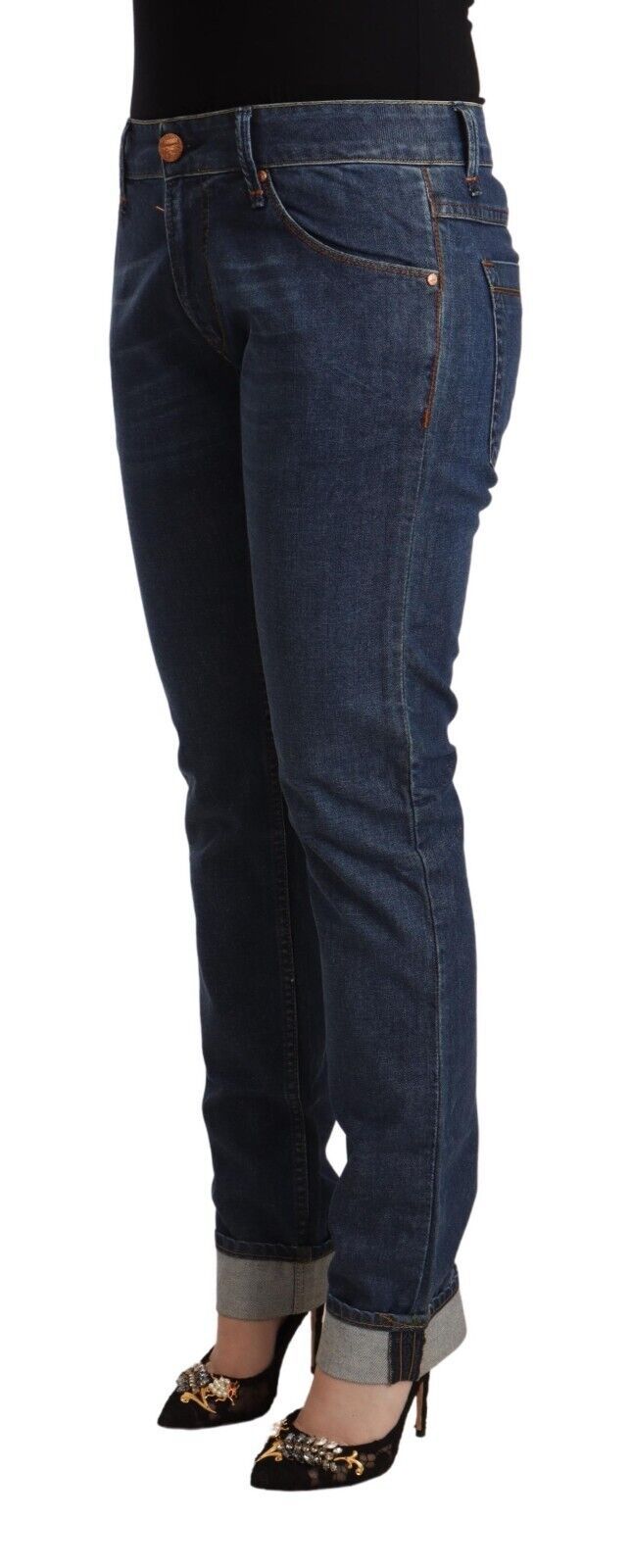 Dunkelblaue Slim Fit-Jeans aus Baumwolldenim mit umgeschlagenem Saum