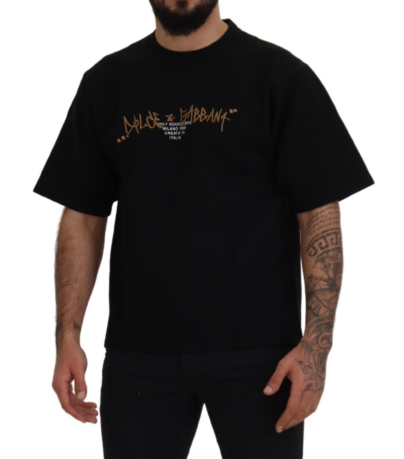 Schwarzes Baumwoll-T-Shirt mit Rundhalsausschnitt und Logo