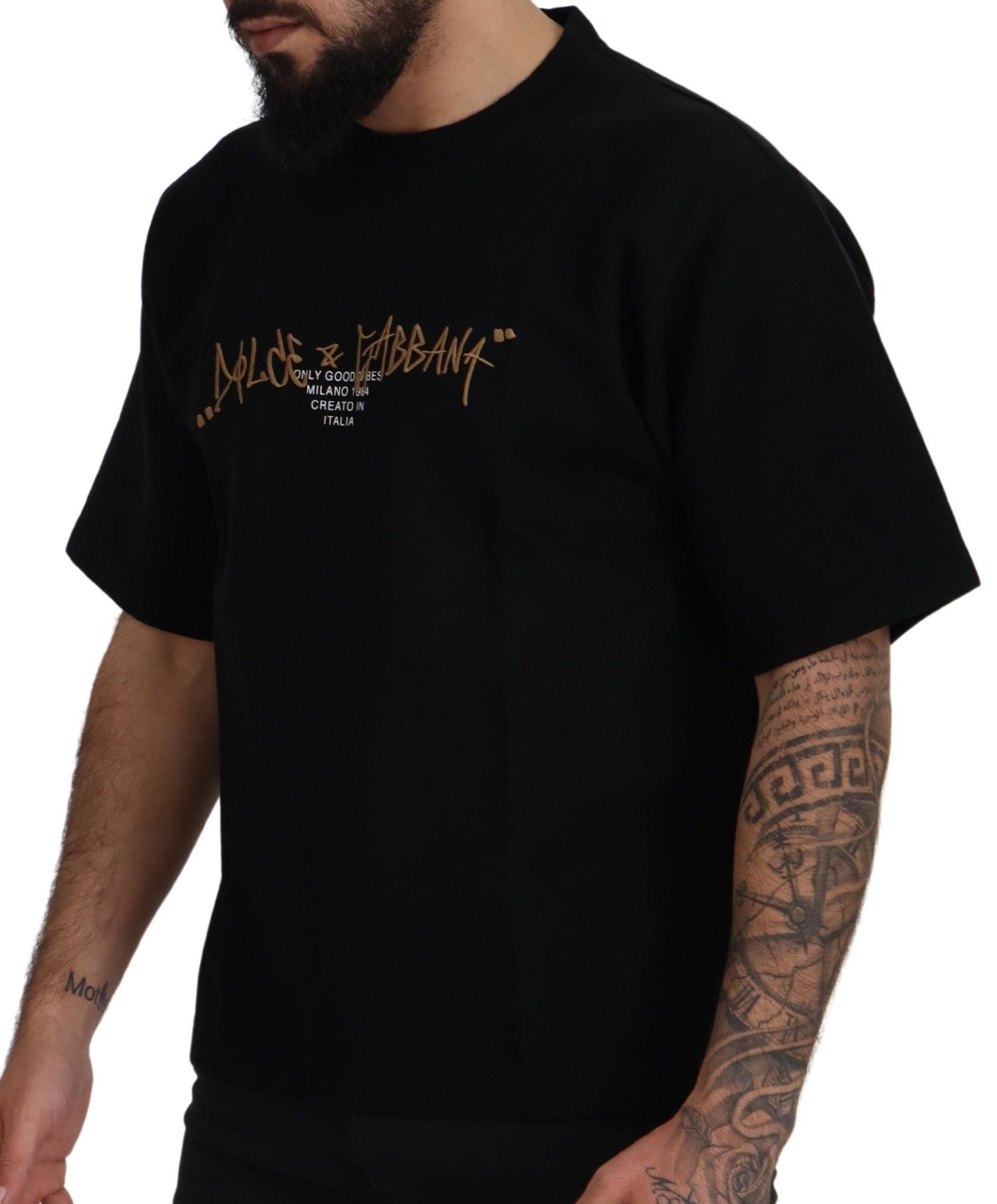 Schwarzes Baumwoll-T-Shirt mit Rundhalsausschnitt und Logo