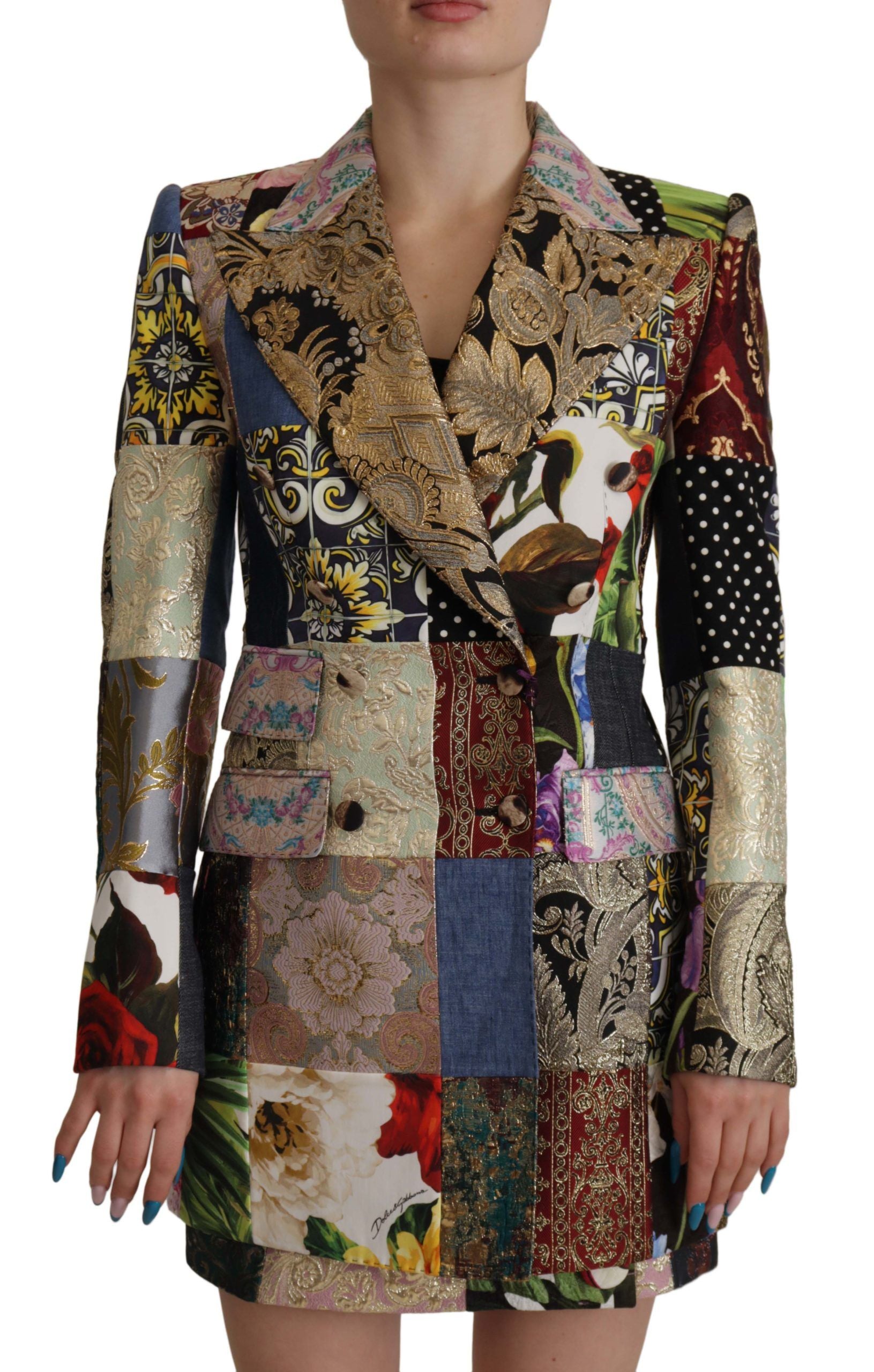 Mehrfarbige, zweireihige Blazerjacke aus Patchwork-Jacquard