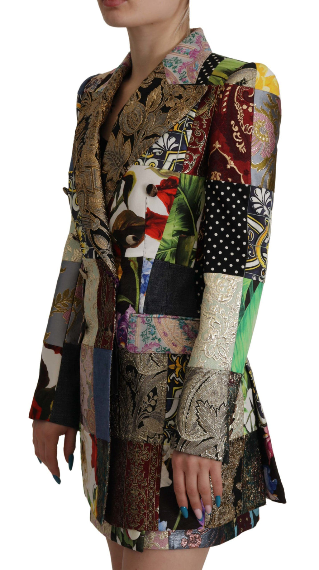 Mehrfarbige, zweireihige Blazerjacke aus Patchwork-Jacquard