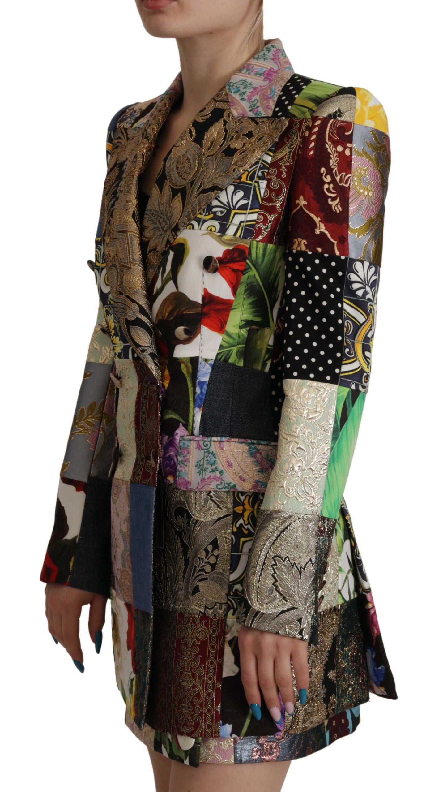 Mehrfarbige, zweireihige Blazerjacke aus Patchwork-Jacquard