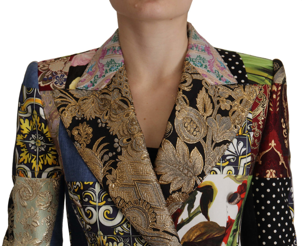 Mehrfarbige, zweireihige Blazerjacke aus Patchwork-Jacquard