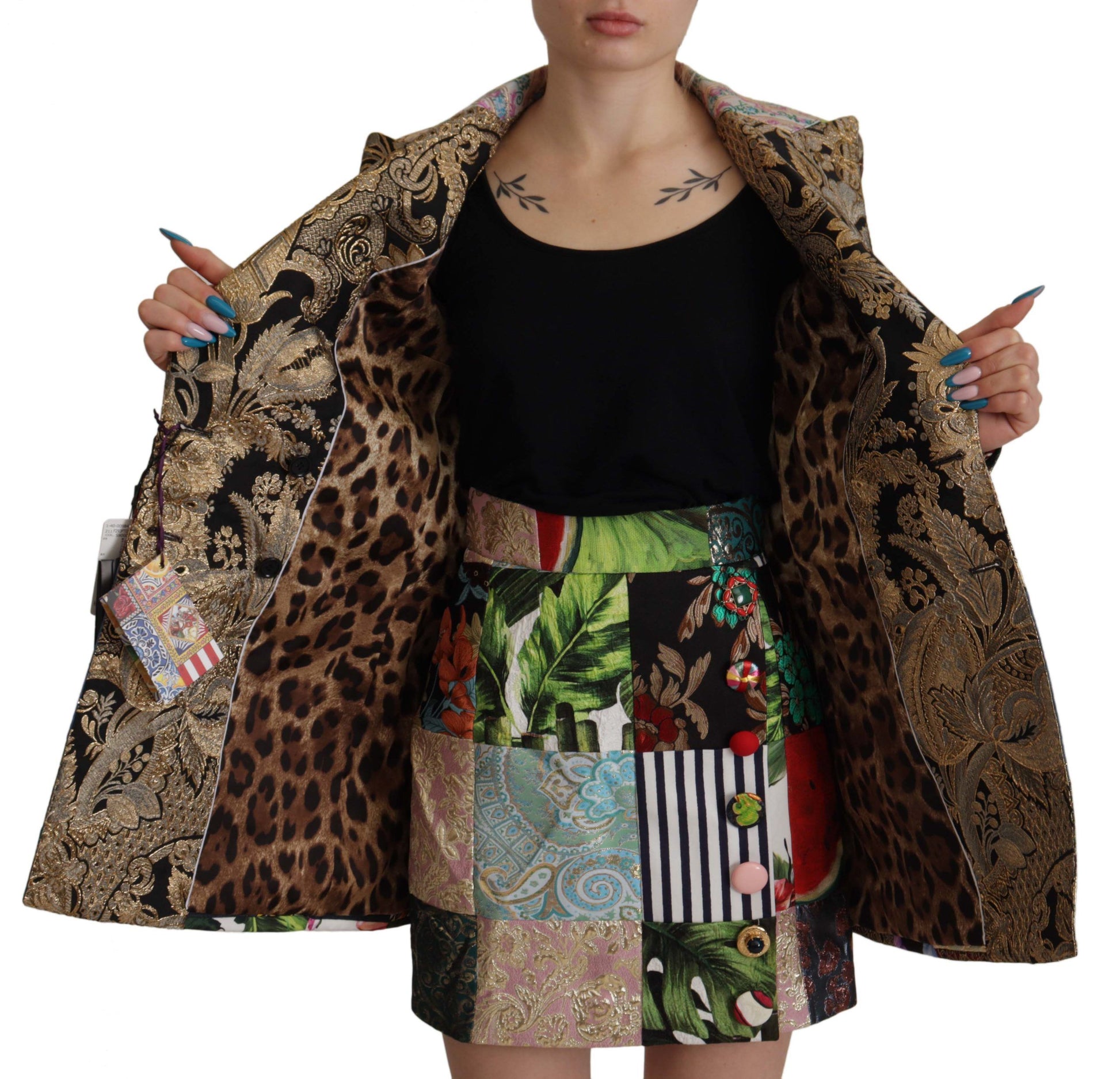 Mehrfarbige, zweireihige Blazerjacke aus Patchwork-Jacquard