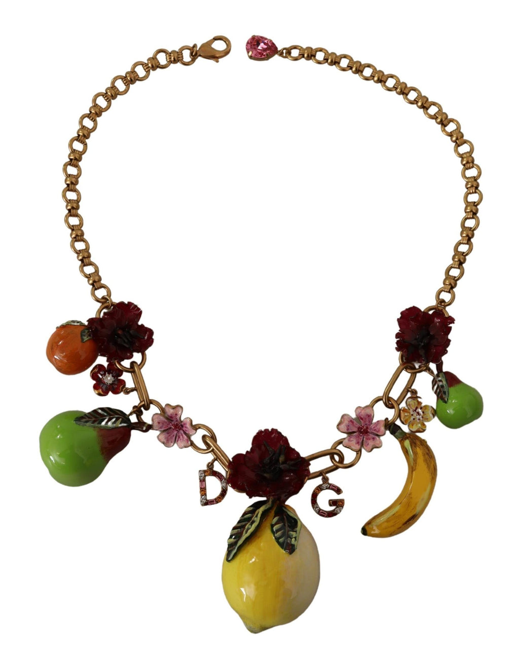 Statement-Halskette „Sizilien, Früchte, Rosen“ aus goldenem Messing