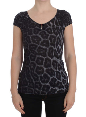 Graues T-Shirt-Bluse-Oberteil aus Modal mit Leopardenmuster