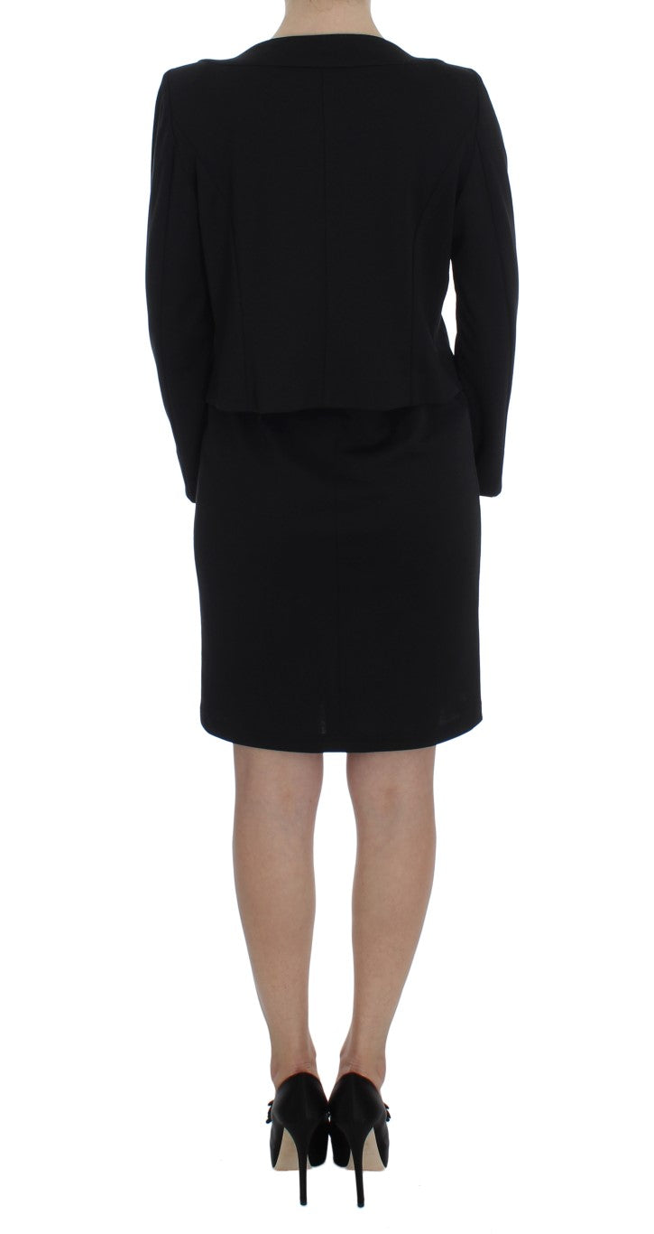 Schwarzes Stretch-Etuikleid und Pullover-Set