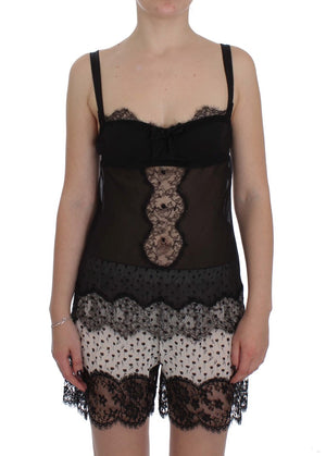 Schwarzes Dessous-Top aus geblümter Seide und Spitze