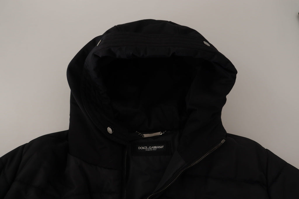 Schwarzer Nylon-Parka mit Kapuze, Winterjacke