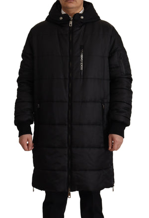 Schwarzer Nylon-Parka mit Kapuze, Winterjacke