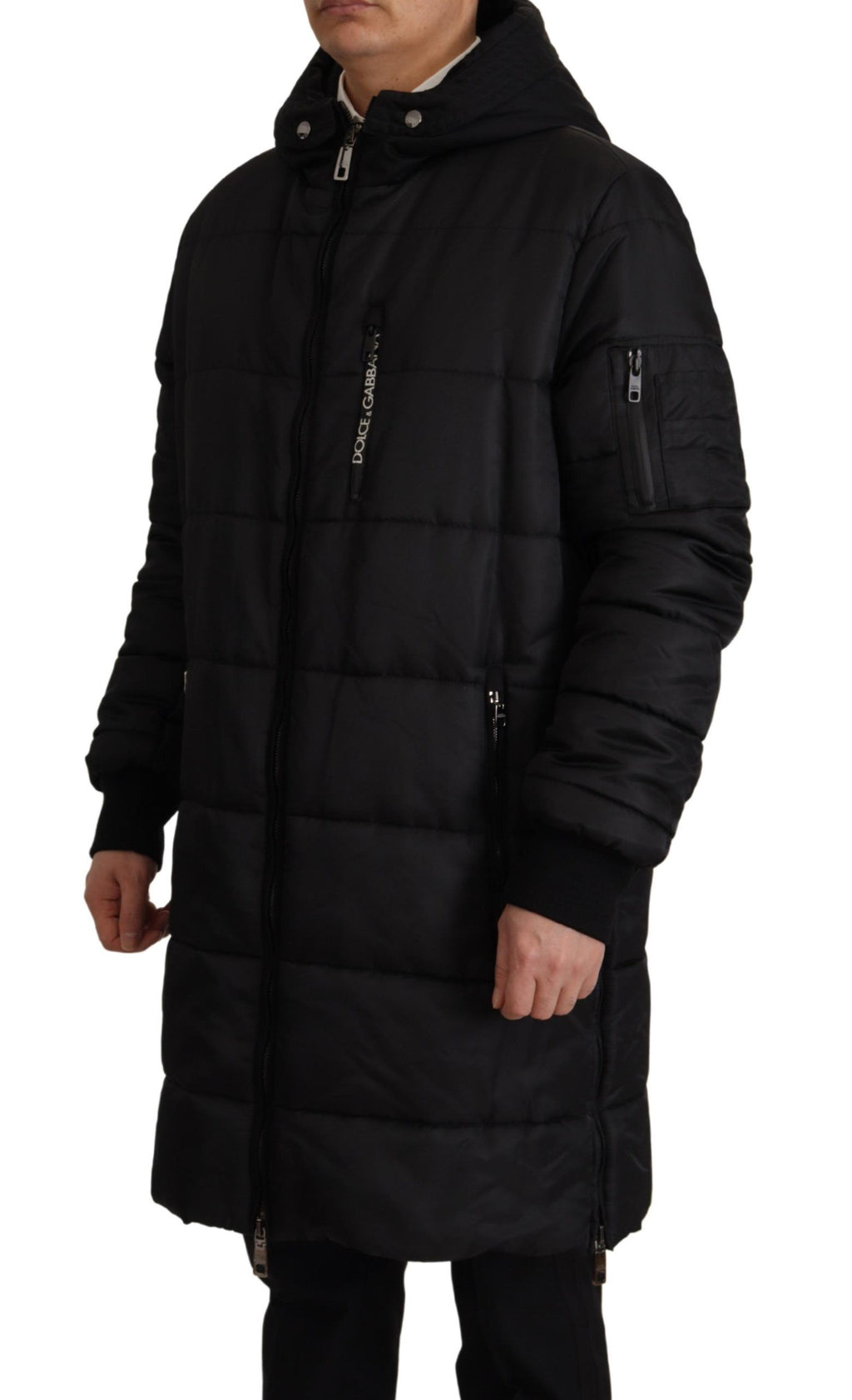 Schwarzer Nylon-Parka mit Kapuze, Winterjacke