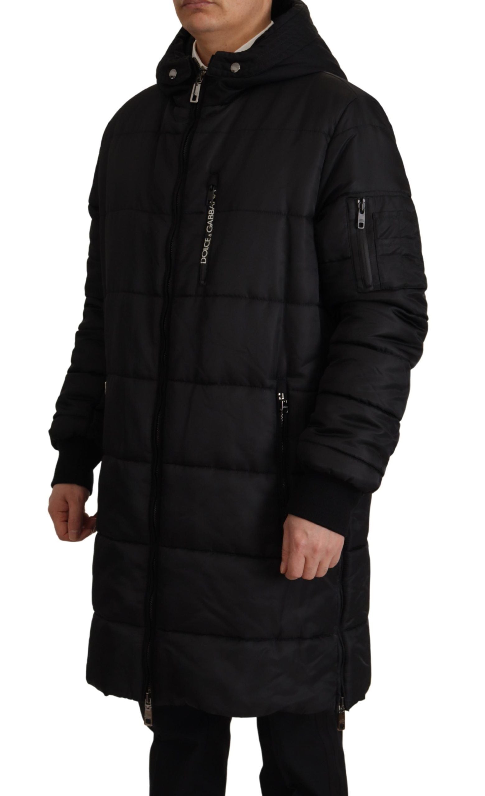 Schwarzer Nylon-Parka mit Kapuze, Winterjacke